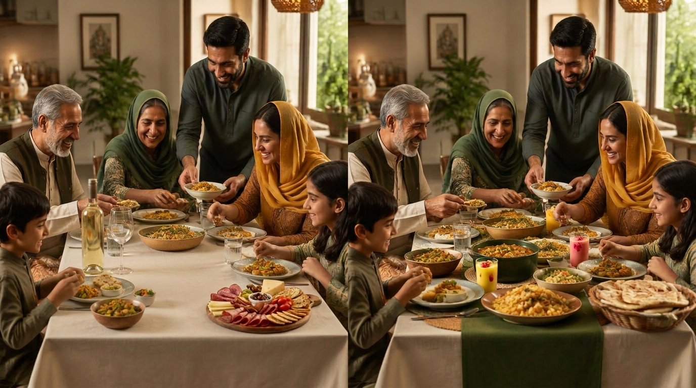 British Pakistani family campaign with alcohol and a charcuterie platter highlighted as cultural risks